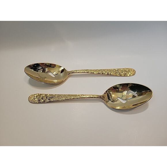 VINERS OF SHEFFIELD VS12 Gold Electroplate Pierced Serving Spoons Set Of 2 - Picture 1 of 8